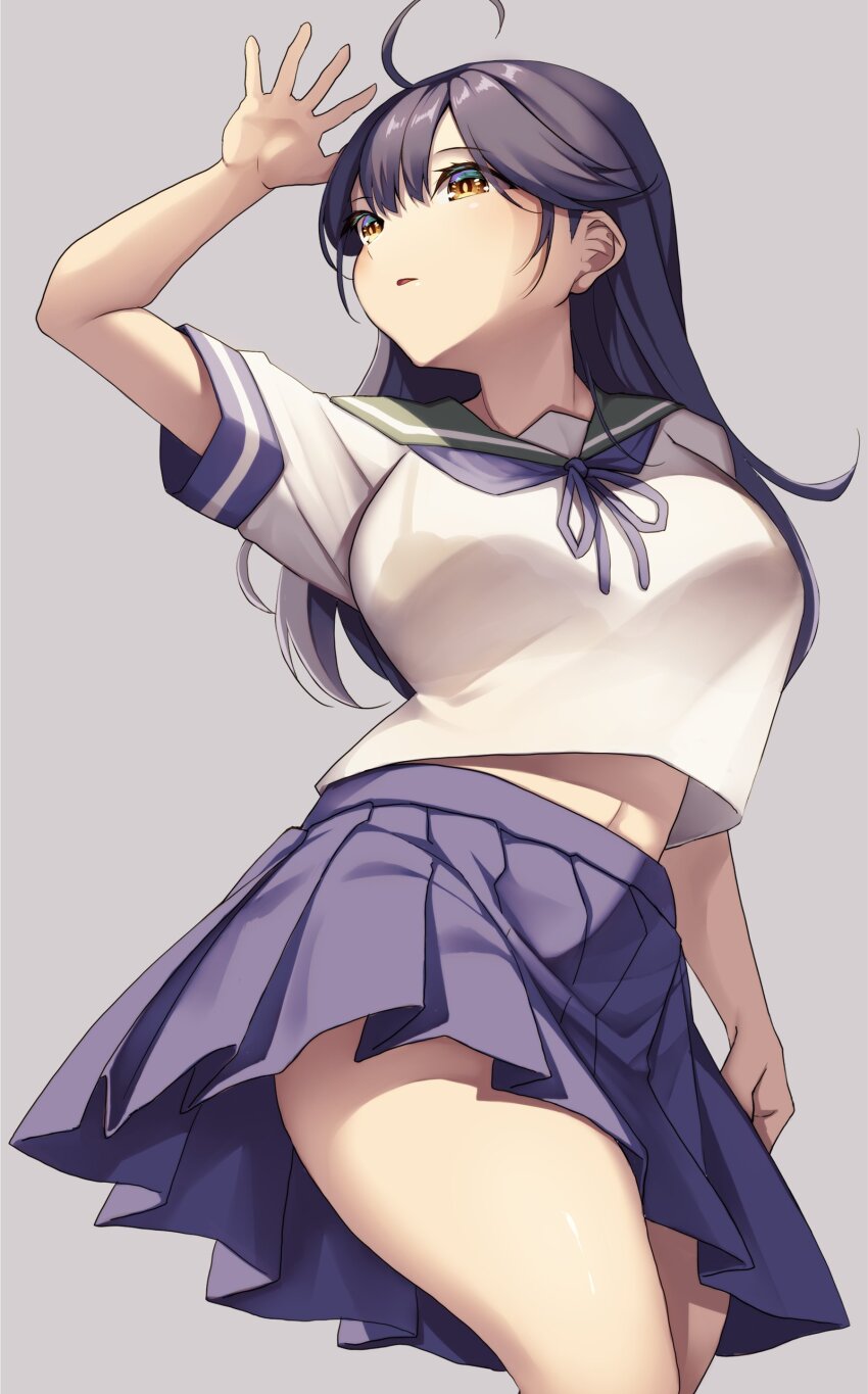 1girl absurdres ahoge black_hair blue_sailor_collar blush breasts brown_eyes cowboy_shot creek_(moon-sky) grey_background highres kantai_collection large_breasts long_hair neckerchief open_mouth pleated_skirt sailor_collar school_uniform serafuku skirt solo ushio_(kancolle)