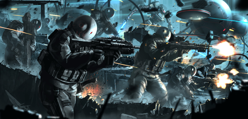 aiming assault_rifle building casing_ejection city commentary dagger dark drone explosion firing gun highres holster knife load_bearing_vest mecha military military_uniform original projectile_trail rapama rifle robot science_fiction shell_casing soldier thigh_holster war weapon