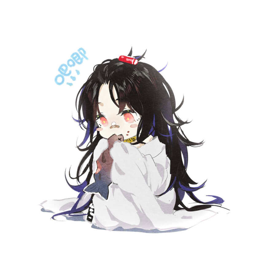 1girl aged_down animal bandaid bandaid_on_face bandaid_on_nose bangs_pinned_back black_hair blush_stickers c-ms_(girls&#039;_frontline) c-ms_(the_wonderful_adventures_of_goose)_(girls&#039;_frontline) choker eating fish girls&#039;_frontline highres holding holding_animal holding_fish long_hair long_sleeves messy_hair official_alternate_costume red_eyes shirt simple_background sleeves_past_wrists solo very_long_hair white_background white_shirt x_x xiao_chichi yellow_choker