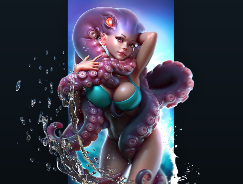1girl 3d anna_nikonova aqua_bikini arm_behind_head armpits artist_name between_breasts between_legs bikini biting blue_eyes breasts cephalopod_eyes cowboy_shot extra_eyes eyebrows eyeshadow female_focus highres large_breasts lips lipstick long_hair looking_at_viewer makeup mascara monster_girl nose original purple_lips red_eyes reference_work scylla solo standing suction_cups swimsuit tentacle_hair tentacles tentacles_between_breasts