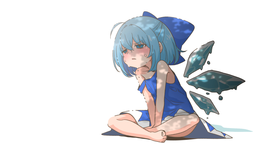 1girl ahoge bare_shoulders barefoot blue_bow blue_dress blue_eyes blue_hair blush bow cirno dress exhausted hair_bow highres ice ice_wings indian_style kumanou22 melting off_shoulder parted_lips shadow short_hair simple_background sitting solo sweat touhou white_background wings