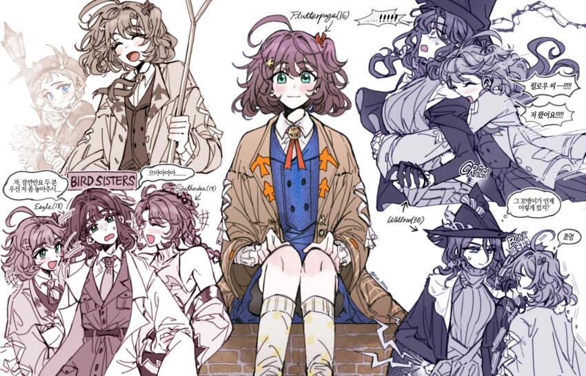! !! 5girls aged_up ahoge blue_eyes blue_skirt blue_vest bonk brown_coat coat collared_shirt eagle_(reverse:1999) feet_out_of_frame flutterpage hat highres holding holding_rod hug hug_from_behind kim_8thhh korean_text lamplighter_(reverse:1999) looking_at_viewer multiple_girls multiple_views reverse:1999 rod shirt short_hair sitting skirt socks spathodea_(reverse:1999) spoilers translation_request upper_body vest white_background white_shirt white_socks willow_(reverse:1999) witch_hat x_x