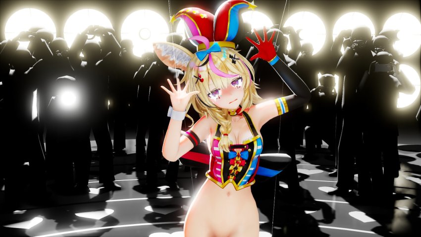 1girl 3d animal_ear_fluff animal_ears belly blonde_hair blush clown_girl clown_hat crying crying_with_eyes_open fennec fennec_ears fennec_fox fennec_tail fox fox_girl hair_ornament highres hololive navel no_panties no_pants omaru_polka out-of-frame_censoring photographer purple_eyes solo_focus standing tail tears u30a2u30c0u30e0u30b9u30dfu30b9 virtual_youtuber