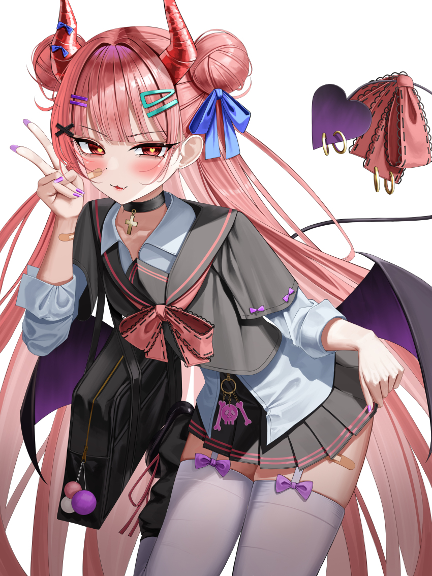 1girl absurdres bandaid_on_thigh black_bag black_choker black_sailor_collar black_serafuku black_skirt blue_ribbon blush bow bow_legwear choker collared_shirt commentary cross cross_choker demon_girl demon_horns demon_tail demon_wings double_bun fingernails garter_straps hair_bun hair_ornament hair_ribbon hairclip heart heart_in_eye highres horns hsxxx long_hair long_sleeves looking_at_viewer nail_polish open_mouth original pink_bow pink_hair pink_ribbon pleated_skirt purple_nails red_eyes ribbon sailor_collar school_uniform serafuku shirt simple_background skirt smile solo symbol-only_commentary symbol_in_eye tail tail_ornament tail_ribbon thighhighs thighs v white_background white_garter_straps white_shirt white_thighhighs wings