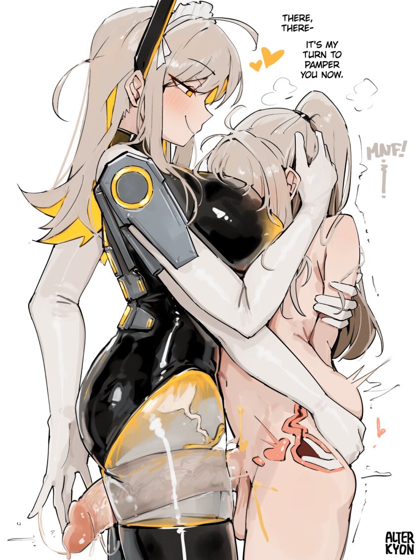 1boy 1girl alterkyon anal_fingering android between_breasts blonde_hair bodysuit breast_smother breasts colored_inner_hair cum elbow_gloves english_text extra_arms face_to_breasts fingering gloves grey_hair head_between_breasts hetero highres joints large_breasts large_penis long_hair maid_headdress multicolored_hair nude original orion_(alterkyon) penis ponytail prostate_milking robophilia robot robot_girl robot_joints sagging_testicles testicles thigh_sex white_gloves yellow_eyes