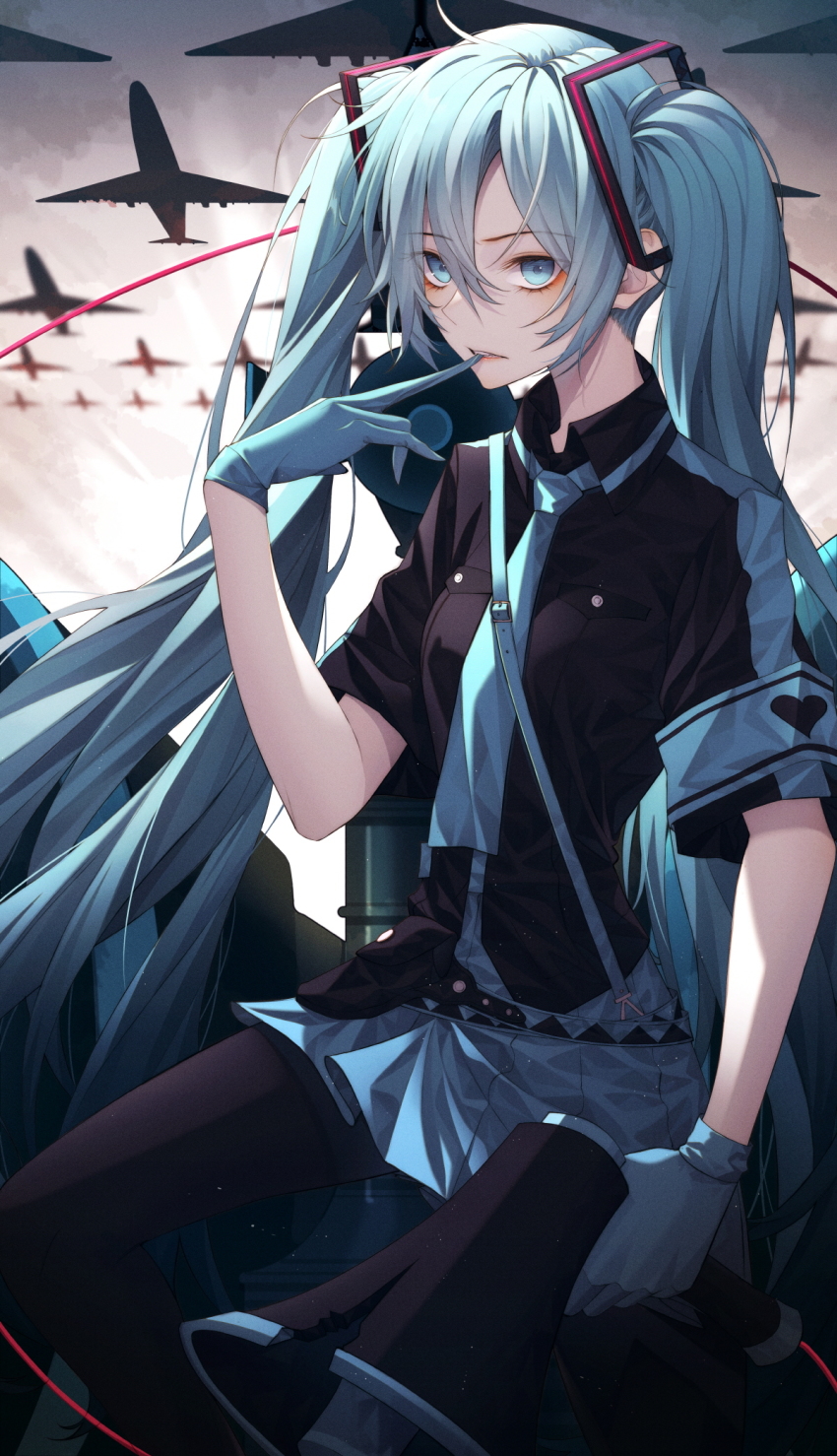 1girl aircraft airplane armband b-52_stratofortress biting black_pantyhose black_shirt blue_eyes blue_gloves blue_hair blue_neckwear blue_skirt collared_shirt commentary_request damaged day ginong biting_glove gloves hair_between_eyes hand_up hatsune_miku heart heavy_bomber highres holding koi_wa_sensou_(vocaloid) long_hair megaphone outdoors pantyhose penetrator_(aircraft) pleated_skirt shirt short_sleeves skirt solo strategic_bomber twintails very_long_hair vocaloid