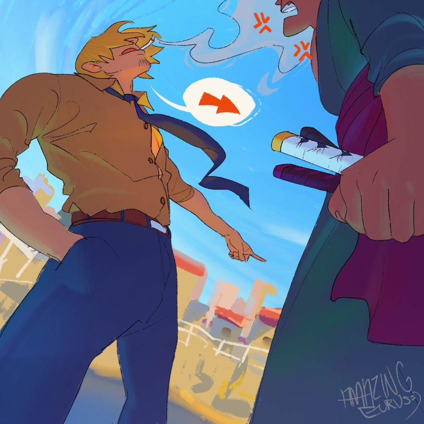 2boys amazingeurus anger_vein arguing cigarette clenched_hand commentary english_commentary facial_hair from_below goatee green_kimono hand_in_pocket highres japanese_clothes kimono male_focus multiple_boys one_piece open_mouth pointing roronoa_zoro sanji_(one_piece) sash shirt signature smoke spoken_arrow yellow_shirt