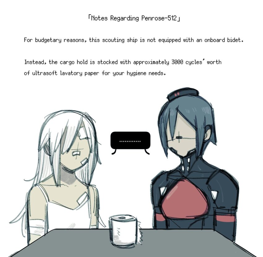 ... 2girls ange_(angeban93) ariane_yeong bandaged_arm bandages bandaid bandaid_on_cheek bandaid_on_chest bandaid_on_face bandaid_on_head bandaid_on_nose black_hair camisole elster_(signalis) english_text garrison_cap hat highres long_hair multiple_girls short_hair signalis simple_background toilet_paper white_background white_camisole
