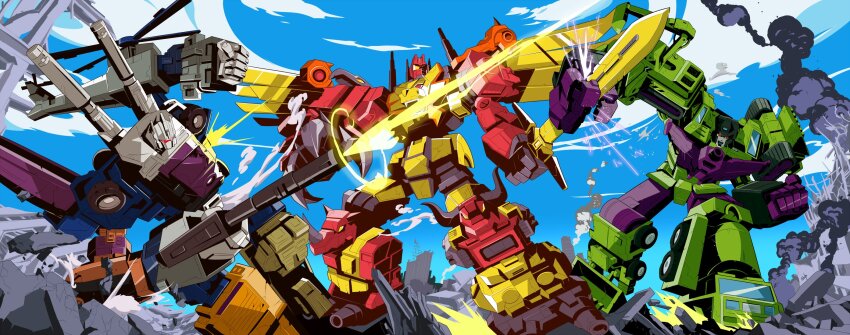 battle blue_sky bruticus character_request clenched_hand day devastator_(transformers) firing glaucosilvaart highres mecha no_humans outdoors predaking_(transformers) punching robot rubble sky smoke transformers