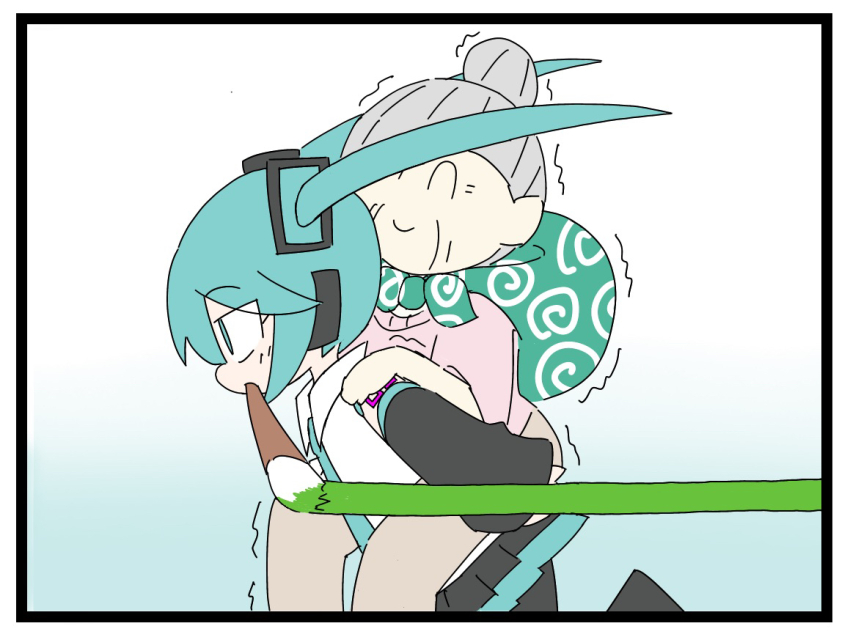 2girls ^_^ aqua_hair aqua_necktie bare_shoulders black_border black_skirt black_sleeves border carrying carrying_bag closed_eyes commentary detached_sleeves drawing_on_fourth_wall fourth_wall furoshiki gradient_background grandma grey_hair hair_bun hair_ornament hand_on_another&#039;s_shoulder hatsune_miku headphones hokorima issen_kounen_(vocaloid) karakusa_(pattern) miniskirt mouth_hold multiple_girls necktie old old_woman painting_(action) piggyback pink_sweater pleated_skirt shirt shoulder_tattoo skirt sleeveless sleeveless_shirt smile sweater tattoo trembling vocaloid white_shirt