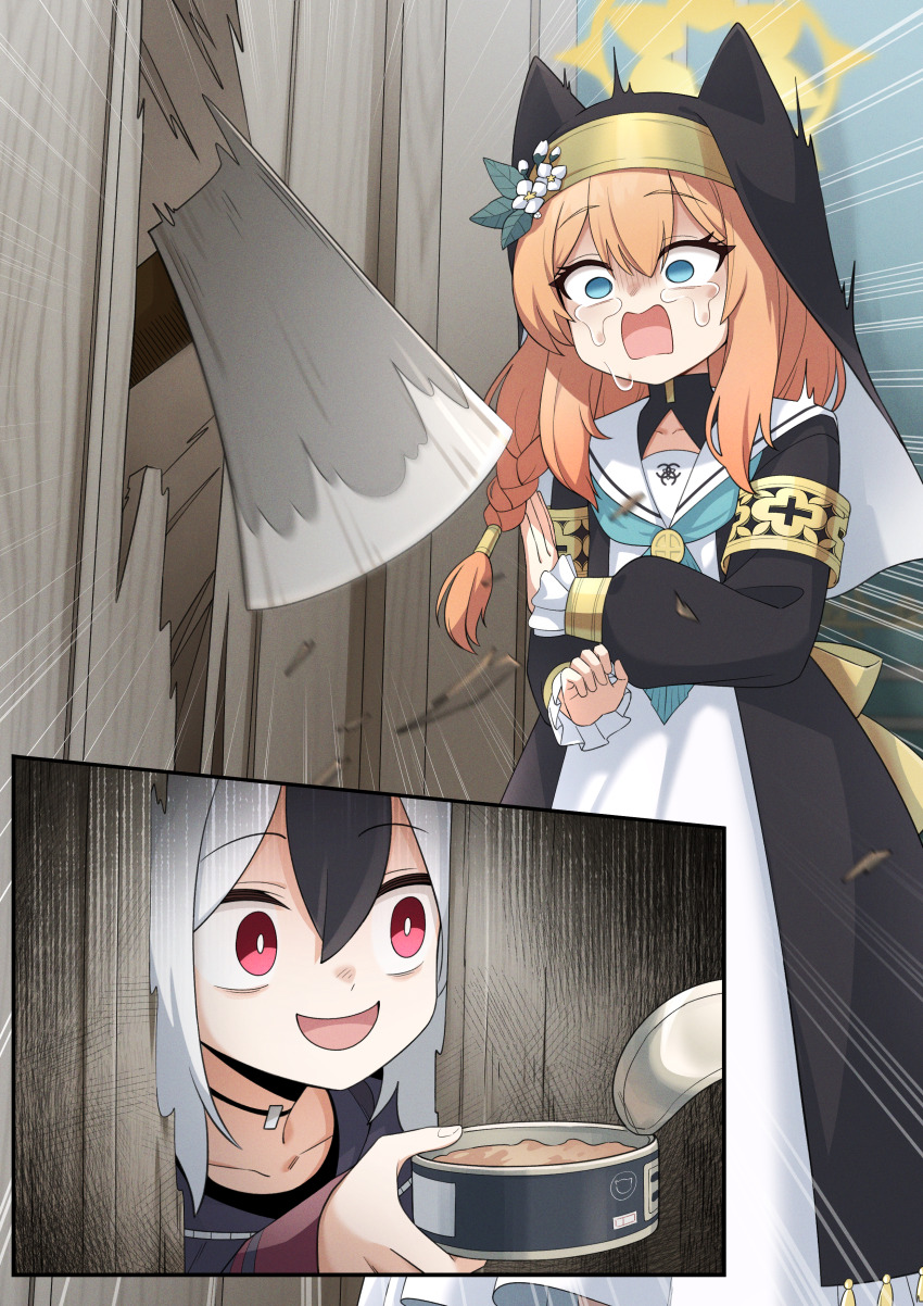 2girls absurdres animal_ear_headwear axe black_hair black_headwear black_hoodie blue_archive blue_eyes can coif collarbone crazy_smile crying crying_with_eyes_open emphasis_lines fake_animal_ears flower golmonggu grey_hair habit hair_between_eyes halo hat hat_flower here&#039;s_johnny!_(meme) highres hood hoodie kayoko_(blue_archive) korean_commentary long_hair long_sleeves mari_(blue_archive) meme multicolored_hair multiple_girls nun open_mouth orange_hair parody pet_food puffy_long_sleeves puffy_sleeves red_eyes revision smile tears the_shining white_flower yellow_halo