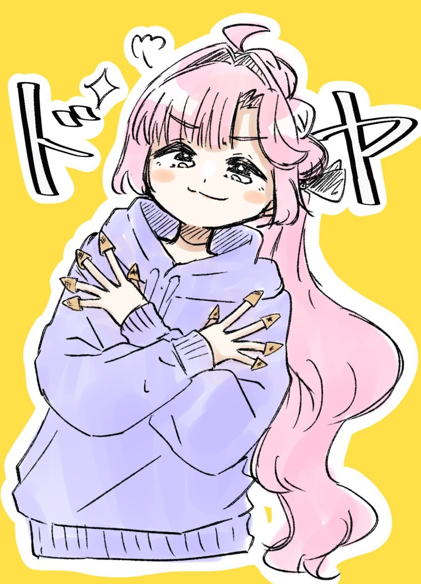 1girl :3 ahoge anyoji_hime anyoji_hime_(winter_loungewear) black_ribbon blunt_bangs blush_stickers bugles bugles_(food) bugles_on_fingers commentary_request cropped_torso doyagao food_on_hand hair_intakes hair_ribbon highres hood hood_down hoodie link!_like!_love_live! long_hair long_sleeves love_live! multi-tied_hair outline pink_hair ponytail puripuri_hurai purple_hoodie ribbon sidelocks simple_background smug solo swept_bangs v-shaped_eyebrows very_long_hair virtual_youtuber white_outline yellow_background
