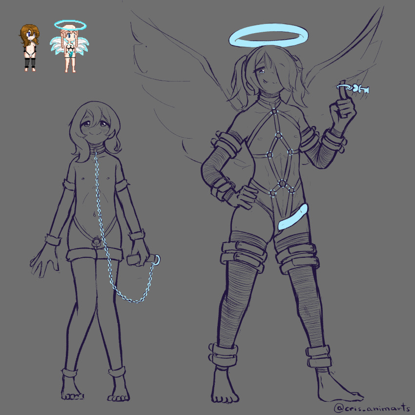 1boy 1girl absurdres ankle_cuffs chain chastity_cage collar cris_animarts degrees_of_lewdity dildo hair_over_one_eye halo harness height_difference highres index_finger_raised key leash pixel_art sex_toy standing strap-on tall_female thigh_strap wings