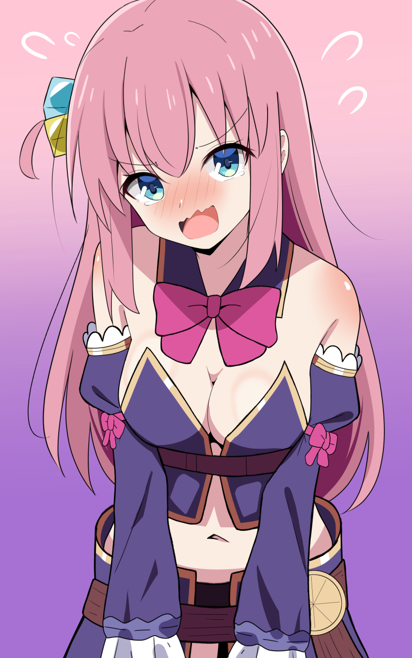 1girl absurdres alternate_costume blush bocchi_the_rock! bow breasts cleavage cosplay crisis_management_form_(machikado_mazoku) cube_hair_ornament detached_sleeves embarrassed flying_sweatdrops gotoh_hitori hair_ornament highres hosinonana long_hair machikado_mazoku medium_breasts navel one_side_up pink_bow pink_hair purple_skirt skirt solo yoshida_yuuko_(machikado_mazoku) yoshida_yuuko_(machikado_mazoku)_(cosplay)