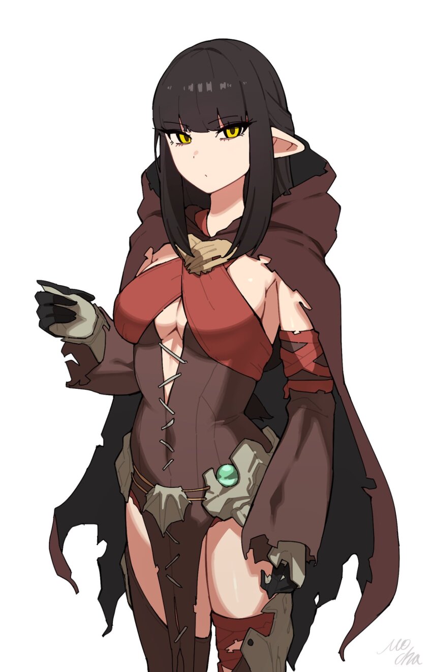 1girl alternate_costume artist_name black_hair blunt_bangs breasts cape closed_mouth commentary death_stench_(armor) expressionless gloves highres hood hood_down hooded_cape long_hair looking_at_viewer medium_breasts minoto mocha_mh monster_hunter_(series) monster_hunter_rise pelvic_curtain pointy_ears simple_background solo symbol-only_commentary torn_cape torn_clothes white_background yellow_eyes