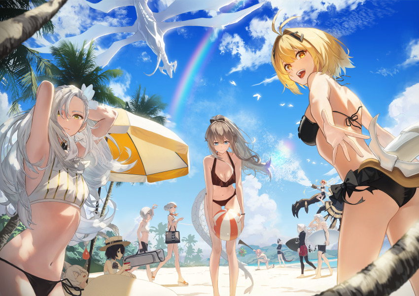 2boys 6+girls absurdres alchemy_stars alternate_costume animal_ears antenna_hair arms_up bag ball bare_legs barefoot barton_(alchemy_stars) beach beach_umbrella beachball bikini bikini_shorts black_bikini black_male_swimwear black_shorts black_swim_trunks blindfold bodysuit bow bow_bikini bracelet breasts brooch buried carleen_(alchemy_stars) charon_(alchemy_stars) cleavage cloud commentary_request crossed_arms diving_suit drooling duffel_bag floating flower food frilled_bikini frills fruit grey_hair gronru_(alchemy_stars) hair_bun hair_flower hair_intakes hair_ornament hair_spread_out hand_in_own_hair handbag hara_kenshi hat highres hiiro_(alchemy_stars) horns huge_filesize jewelry long_hair looking_at_viewer looking_back male_swimwear mechanical_arms medium_breasts mismatched_bikini mountain mouth_drool ms._blanc_(alchemy_stars) multicolored_hair multiple_boys multiple_girls nadine_(alchemy_stars) navel official_alternate_costume on_one_knee open_mouth outdoors palm_tree philyshy_(alchemy_stars) pink_hair platform_footwear ponytail rainbow reaching reaching_towards_viewer red_male_swimwear red_swim_trunks sand sandals sarashi scar scar_across_eye scar_on_face shade sharona_(alchemy_stars) shore short_hair shorts sidelocks single_hair_bun sky sleeping small_breasts soroz_(alchemy_stars) striped_bikini striped_clothes suikawari surfboard swim_trunks swimsuit tail teeth topless_male tree two-tone_hair umbrella upper_teeth_only vertical-striped_bikini vertical-striped_clothes vice_(alchemy_stars) vivian_(alchemy_stars) water watermelon wetsuit white_hair yellow_eyes zoya_(alchemy_stars)