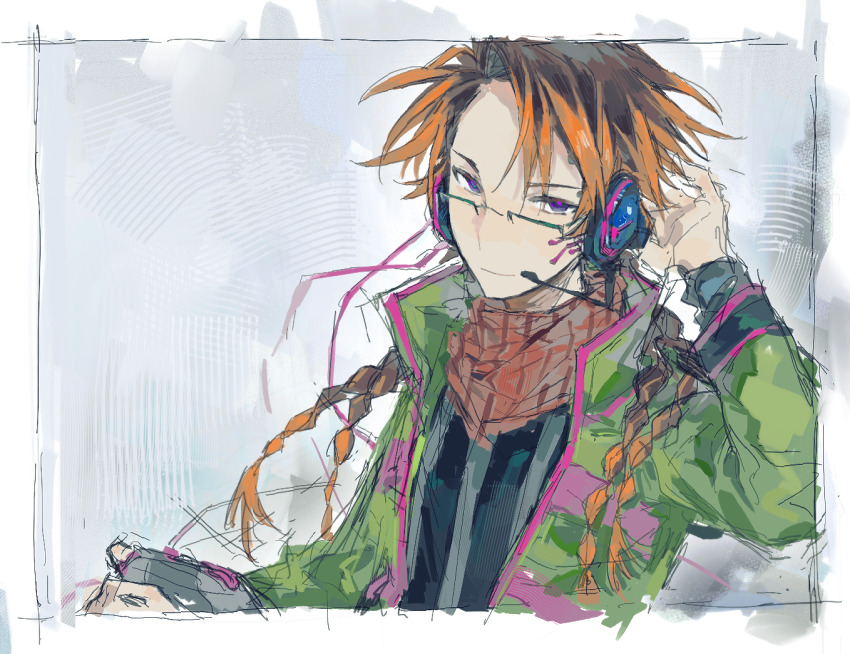 1boy black_shirt blonde_hair border brown_hair closed_mouth colored_tips glasses green-framed_eyewear green_jacket grey_background headset jacket lei_renqun_xing_shanyao_shi long_hair long_sleeves male_focus multicolored_hair open_clothes open_jacket orie_rin purple_eyes quad_braids red_scarf saibou_shinkyoku scarf semi-rimless_eyewear shirt smile solo striped_clothes striped_scarf striped_shirt two-tone_hair upper_body vertical-striped_clothes vertical-striped_scarf vertical-striped_shirt white_border