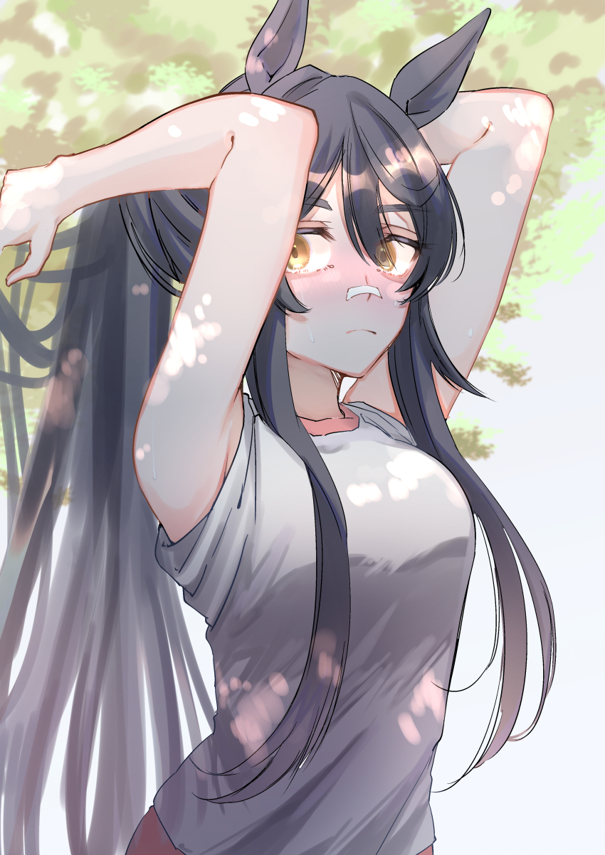1girl absurdres adjusting_hair animal_ears arms_up bandaid bandaid_on_face bandaid_on_nose black_hair blush closed_mouth commentary_request hair_between_eyes highres horse_ears horse_girl light_frown long_hair narita_brian_(umamusume) outdoors shirt sidelocks solo sweat tsukasa_(avdx5538) umamusume upper_body very_long_hair white_shirt yellow_eyes