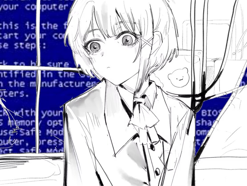 1girl anli_(jwcpp4sum0mgk5r) asymmetrical_hair blue_screen_of_death cable closed_mouth commentary greyscale hair_ornament highres iwakura_lain jacket monochrome serial_experiments_lain short_hair single_sidelock sketch solo upper_body x_hair_ornament