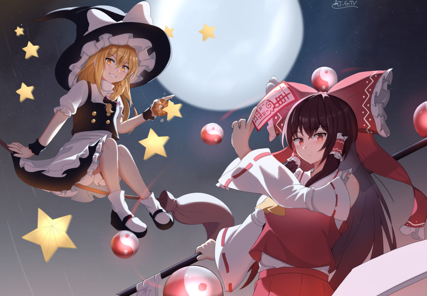 2girls absurdres aj_gtv apron artist_name ascot between_fingers black_hat black_skirt black_vest blonde_hair bow braid broom broom_riding brown_hair buttons detached_sleeves gohei grin hair_bow hair_tubes hakurei_reimu hat highres holding holding_gohei kirisame_marisa long_hair mary_janes mini-hakkero moon multiple_girls night night_sky nontraditional_miko ofuda ofuda_between_fingers orb red_bow red_eyes red_shirt red_skirt shirt shoes single_braid skirt sky smile socks star_(sky) star_(symbol) starry_sky touhou vest white_apron white_shirt white_socks witch_hat yellow_ascot yellow_eyes yin_yang yin_yang_orb