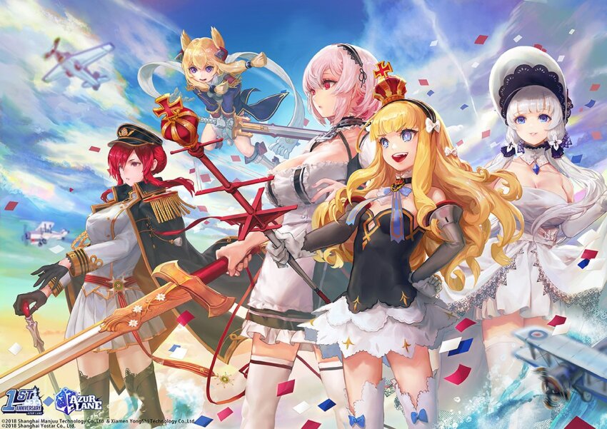 5girls aircraft airplane azur_lane b.c.n.y. blue_eyes blue_sky cloud cloudy_sky commentary crown day dress english_commentary holding holding_sword holding_weapon illustrious_(azur_lane) military_vehicle monarch_(azur_lane) multiple_girls pink_hair propeller_fighter queen_elizabeth_(azur_lane) sirius_(azur_lane) sky strapless strapless_dress sword warspite_(azur_lane) weapon