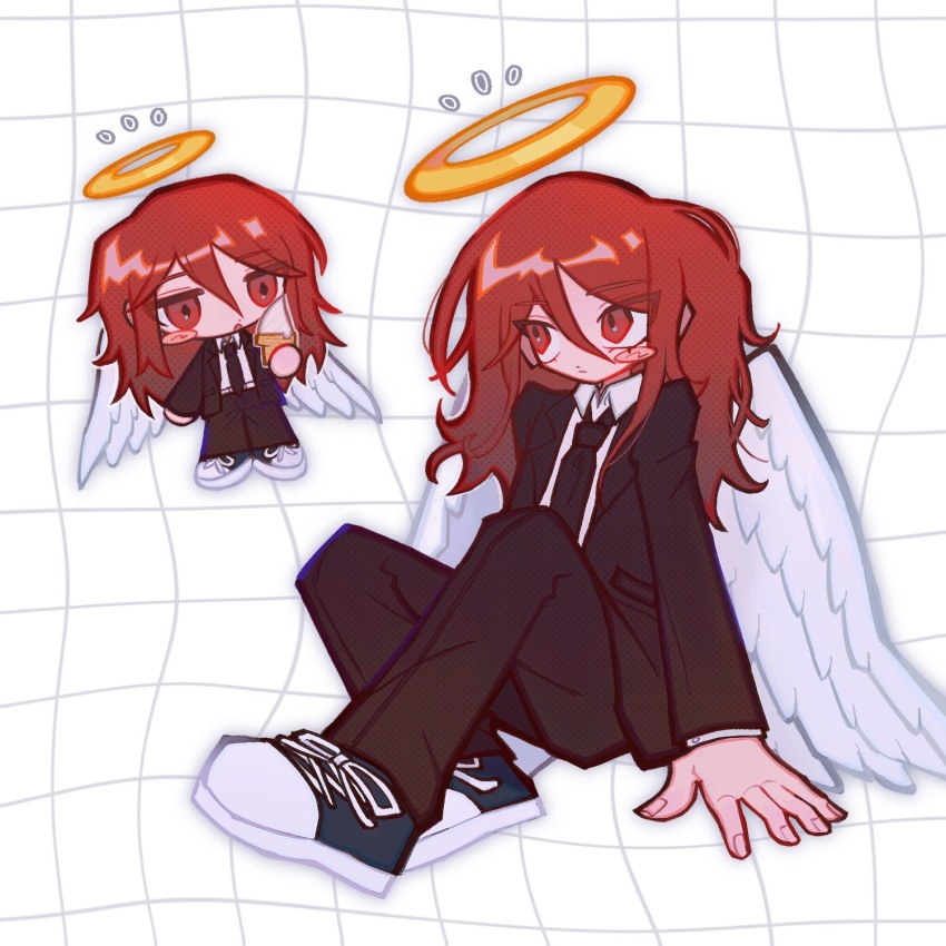 1boy angel_devil_(chainsaw_man) angel_wings black_jacket black_necktie black_pants blue_footwear blush_stickers chainsaw_man commentary fingernails food formal_clothes full_body hair_between_eyes halo highres holding holding_food holding_ice_cream ice_cream ice_cream_cone jacket long_hair long_sleeves male_focus necktie pants red_eyes red_hair shoes sitting sneakers suit traditional_halo white_background white_wings wings yappari