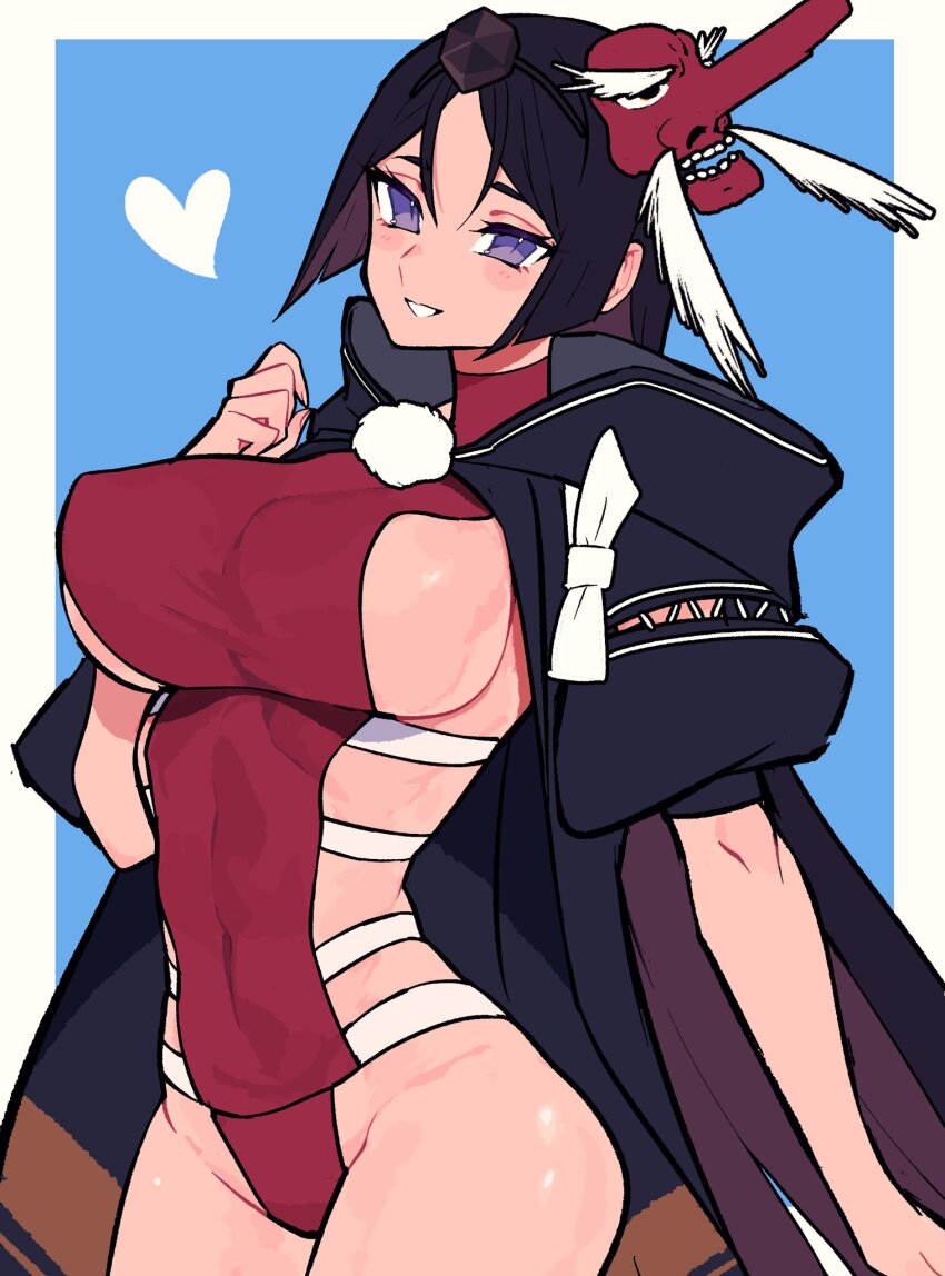 1girl black_hair black_jacket breasts cosplay fate/grand_order fate_(series) grin hacco_mayu highres jacket large_breasts long_hair looking_at_viewer mask minamoto_no_raikou_(fate) one-piece_swimsuit parted_bangs purple_eyes red_one-piece_swimsuit short_sleeves sideboob smile solo swimsuit tengu_mask ushiwakamaru_(fate) ushiwakamaru_(fate)_(cosplay) ushiwakamaru_(swimsuit_assassin)_(fate) ushiwakamaru_(swimsuit_assassin)_(third_ascension)_(fate) very_long_hair