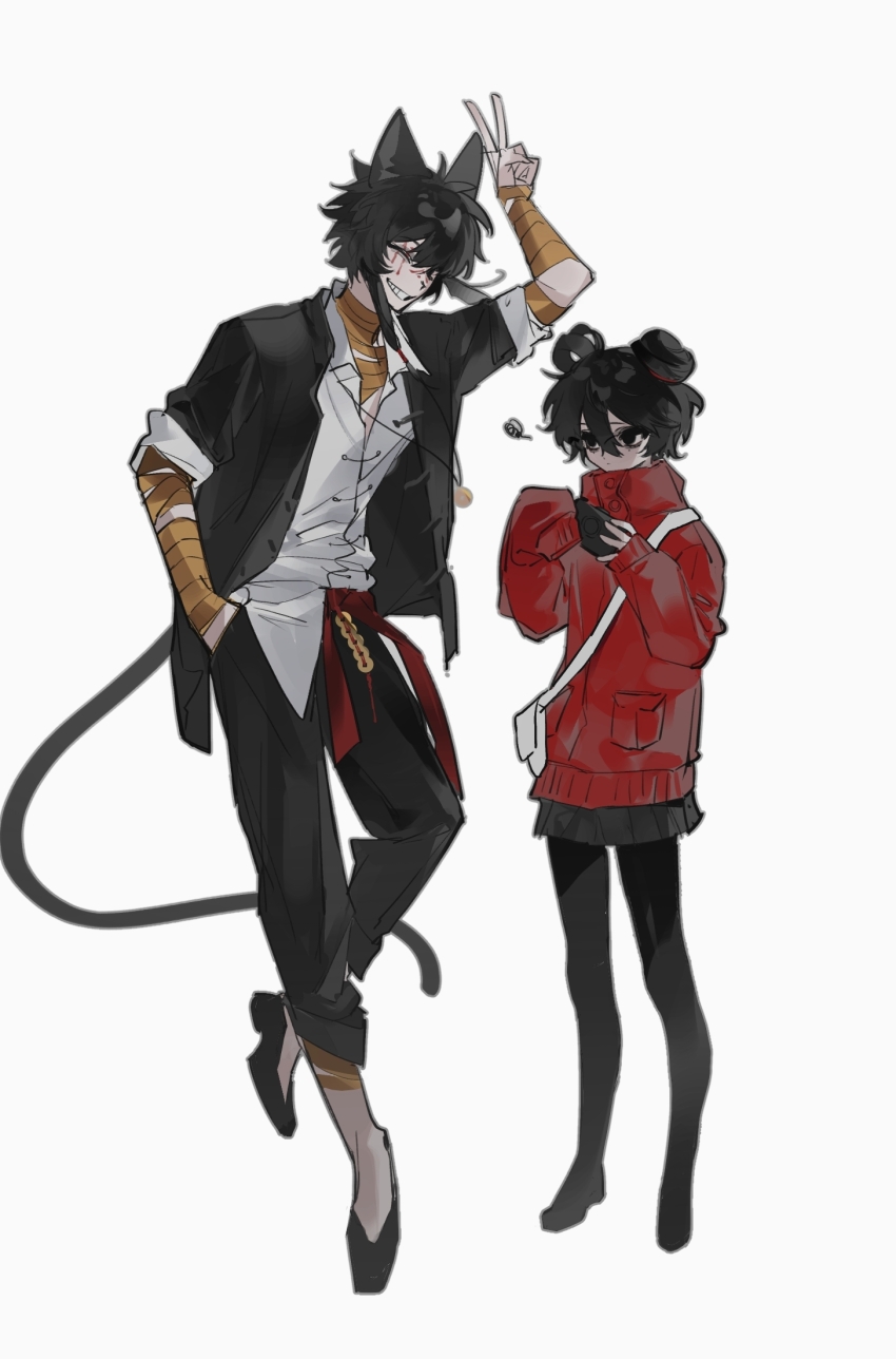 1boy 1girl animal_ears arm_up bag bandaged_arm bandaged_leg bandaged_neck bandages black_eyes black_hair black_jacket black_pants black_pantyhose black_shoes black_skirt cat_boy cat_ears cat_tail chinese_commentary closed_eyes coin coin_on_string collared_shirt commentary_request dice156 facepaint flats full_body grey_outline grin hair_bun hair_rings hand_in_pocket height_difference high_collar highres holed_coin jacket kemonomimi_mode li_yuting_(female) long_sleeves long_tail low-tied_sidelocks messenger_bag miniskirt open_clothes open_collar open_jacket outline pants pantyhose pleated_skirt red_jacket shirt shirt_partially_tucked_in shoes short_hair_with_long_locks shoulder_bag sidelocks simple_background single_hair_bun single_hair_ring skirt sleeves_past_fingers sleeves_past_wrists sleeves_rolled_up smile tail touqi_guaitan v white_background white_bag white_shirt ziche_fuzhao