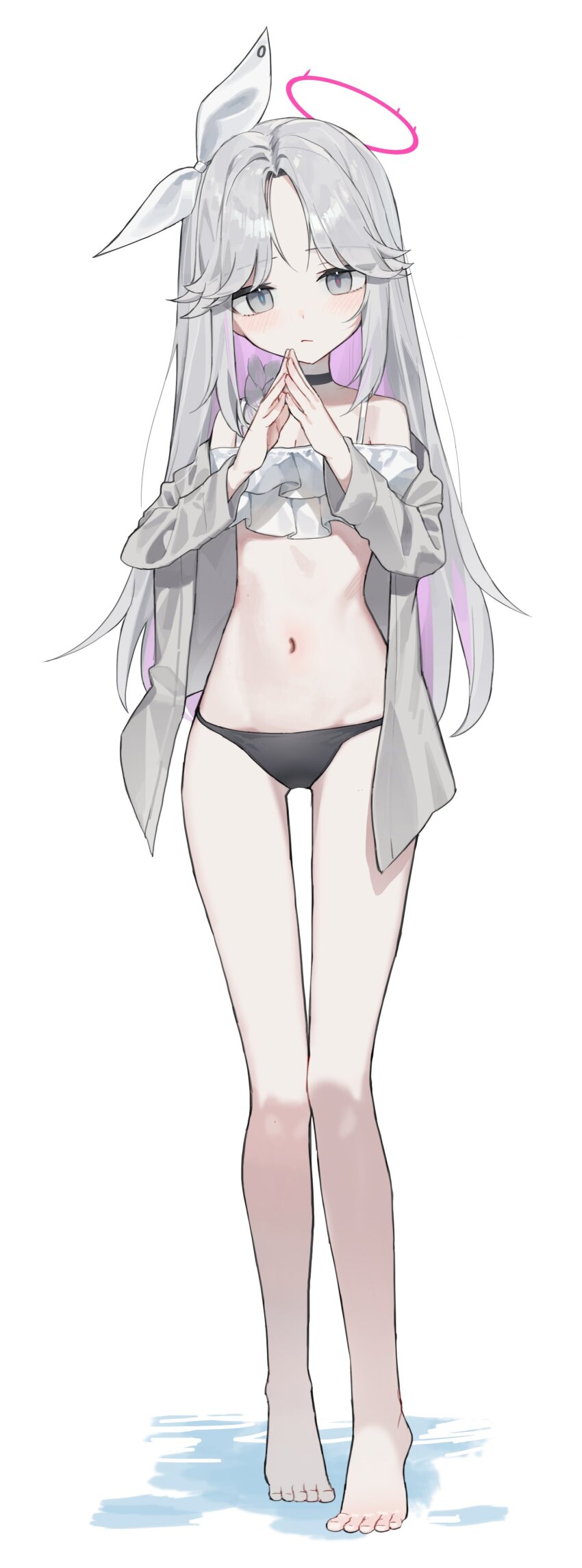 1girl absurdres alternate_costume alternate_hairstyle bare_legs bare_shoulders barefoot bikini black_bikini black_choker blue_archive blush choker closed_mouth feet frilled_bikini frills grey_hair grey_jacket hair_ribbon halo highres huu_(dighapdlxm12) jacket loli long_hair long_legs navel off-shoulder_bikini off_shoulder parted_bangs pink_halo plana_(blue_archive) ribbon solo stomach swimsuit thigh_gap toes white_bikini white_ribbon
