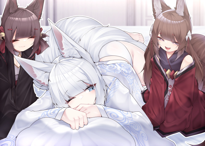 3girls :d ;( absurdres akagi-chan_(azur_lane) amagi-chan_(azur_lane) animal_ears azur_lane bell blue_eyes blush breasts brown_hair closed_eyes eyeshadow facing_viewer fox_ears fox_girl fox_tail full_body hair_bell hair_ornament hair_ribbon half-closed_eyes hands_up happy highres indoors japanese_clothes kaga_(azur_lane) kimono kimono_pull kitsune kneeling long_hair looking_at_another looking_back lying makeup medium_hair multiple_girls multiple_tails off_shoulder on_side on_stomach open_mouth panties purple_eyes red_eyeshadow red_kimono red_ribbon ribbon samip sleepy slit_pupils small_breasts smile tail twintails underwear v_arms very_long_hair white_hair white_kimono white_panties