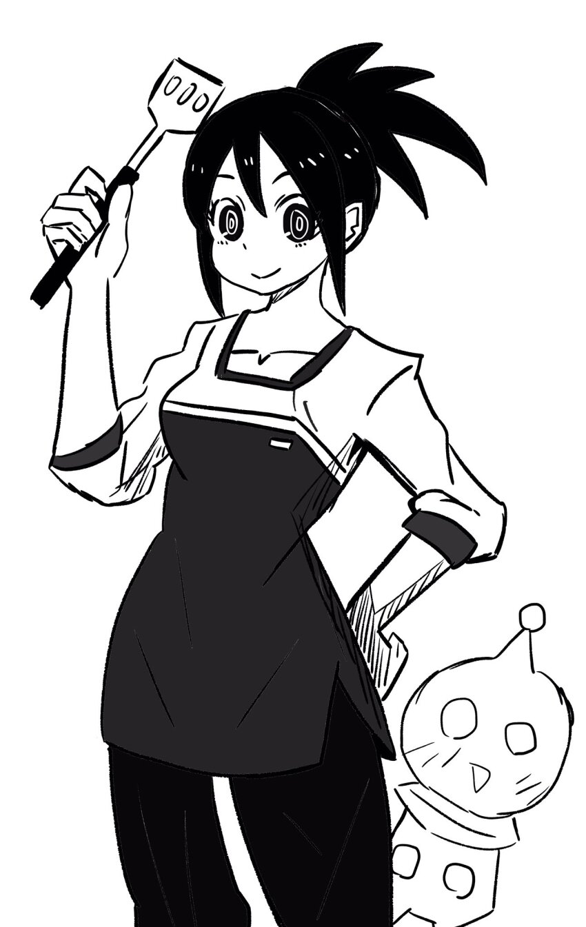 1boy 1girl alternate_breast_size artist_request breasts hand_on_own_hip highres hope_stelar_(mega_man) long_hair looking_at_another looking_at_viewer medium_breasts mega_man_(series) mega_man_star_force_(series) monochrome ponytail smile standing