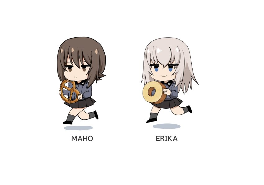 2girls baumkuchen black_footwear black_skirt blue_eyes brown_eyes brown_hair chibi chibi_only cross dress_shirt eating food girls_und_panzer grey_hair grey_shirt grey_socks hair_between_eyes highres holding holding_food itsumi_erika kamishima_kanon kuromorimine_school_uniform long_hair long_sleeves miniskirt multiple_girls nishizumi_maho pleated_skirt pretzel running school_uniform shirt short_hair simple_background skirt smile socks