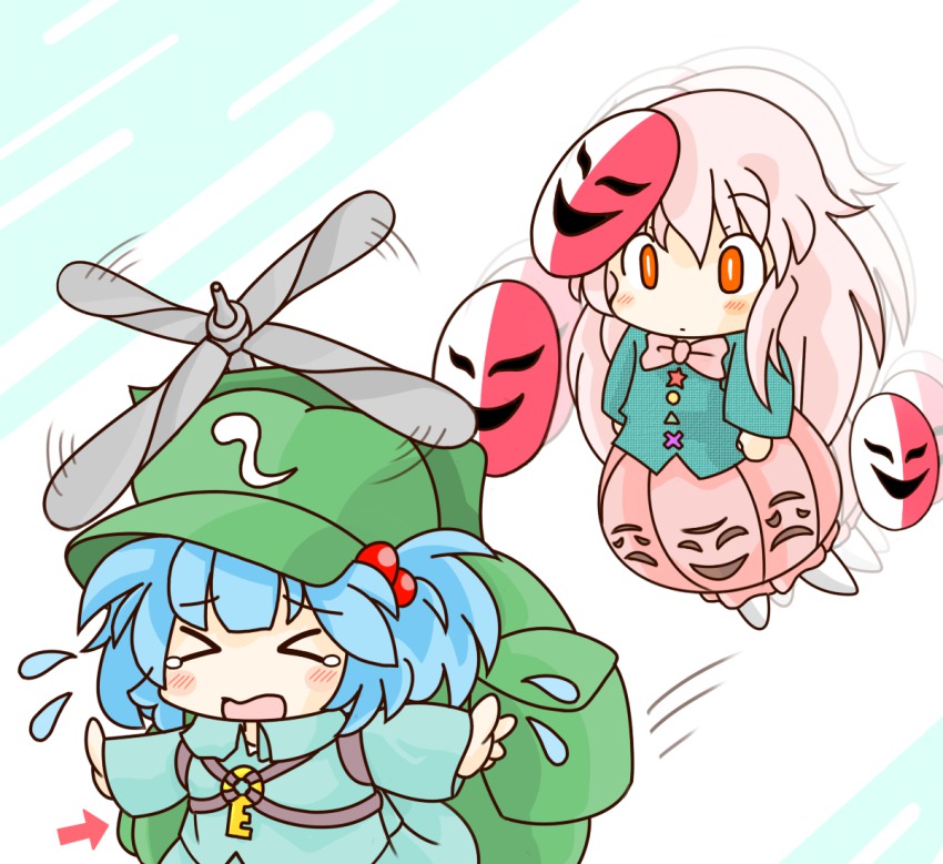 &gt;_&lt; 2girls arrow_(symbol) backpack bag blue_hair bow bowtie bubble_skirt closed_eyes crossover expressionless flying_sweatdrops gameplay_mechanics hair_bobbles hair_ornament hat hata_no_kokoro kawashiro_nitori key mario_(series) mask multiple_girls nintendo orange_eyes phanto pink_hair plaid_clothes plaid_shirt propeller ruto5102 shirt short_twintails skirt super_mario_bros._1 super_mario_bros._2 touhou twintails two_side_up unmoving_pattern