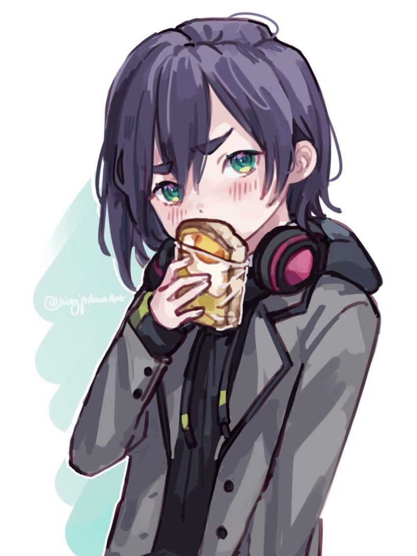 1girl black_hair black_headphones black_hoodie blazer blush bread bread_slice covering_own_mouth food fried_egg fried_egg_on_toast green_background green_eyes grey_jacket hair_between_eyes haraga_kurumi hashtag-only_commentary headphones headphones_around_neck highres holding holding_food hood hoodie jacket kimi_no_koto_ga_dai_dai_dai_dai_daisuki_na_100-nin_no_kanojo kingjoshua long_sleeves open_clothes open_jacket school_uniform short_hair solo toast twitter_username two-tone_background upper_body white_background