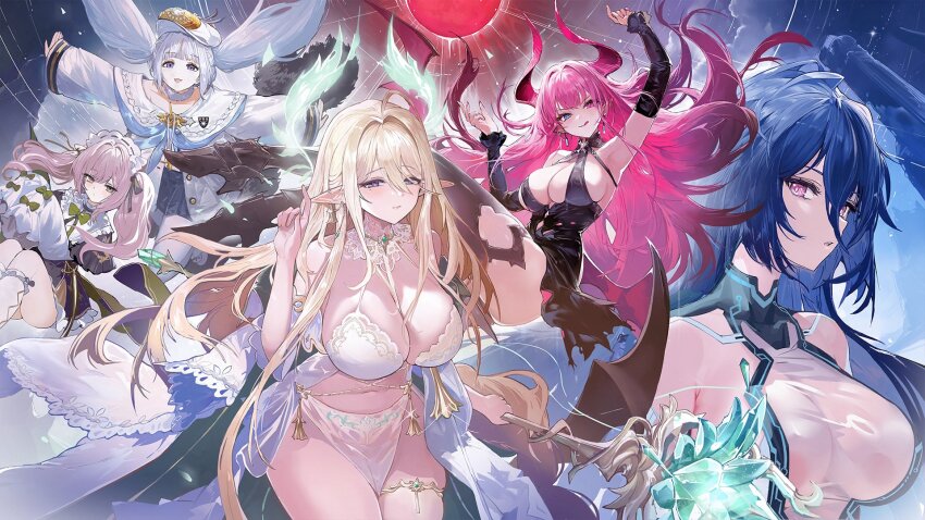 5girls :q ahoge armored_boots armpits azur_lane bare_shoulders black_boots black_dress blonde_hair blue_eyes blue_hair blue_skirt bodysuit boots breasts cleavage dmitri_donskoi_(azur_lane) dress dress_ribbon elf gold_thighlet gouden_leeuw_(azur_lane) green_ribbon hair_intakes hair_ribbon hat heterochromia highres holding holding_staff horns huge_breasts jewelry kansas_(azur_lane) large_breasts long_bangs long_hair long_sleeves looking_at_viewer mecklenburg_(azur_lane) medium_hair mole mole_under_eye multiple_girls navel official_art parka parted_lips pink_eyes pink_hair pink_horns pointy_ears pubic_tattoo purple_eyes purple_hair revealing_clothes ribbon skirt sleeves_past_fingers sleeves_past_wrists staff stomach tattoo thighlet third-party_source tongue tongue_out twintails very_long_hair vittorio_cuniberti_(azur_lane) white_hair white_hat