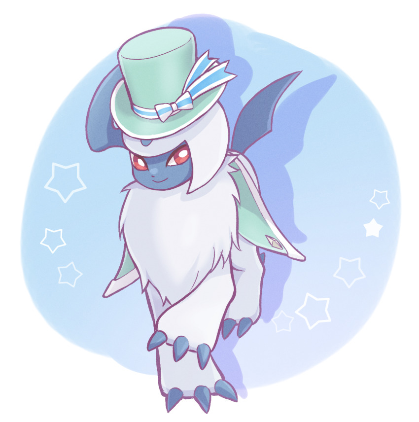 025sakura393 absol absol_(fashionable) bright_pupils claws closed_mouth clothed_pokemon commentary_request full_body gen_3_pokemon green_hat hat highres looking_at_viewer nintendo no_humans pokemon pokemon_(creature) pokemon_unite red_eyes smile solo standing star_(symbol) white_fur white_pupils