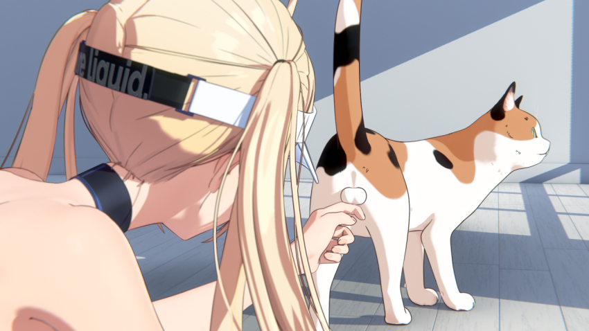 1girl 3d akehi_yuki backless_leotard black_leotard blonde_hair blue_eyes caressing_testicles cat commentary_request from_behind hat highleg highleg_leotard indoors leotard long_hair miyo_(akehi_yuki) original paid_reward_available testicles twintails visor_cap white_hat wooden_floor