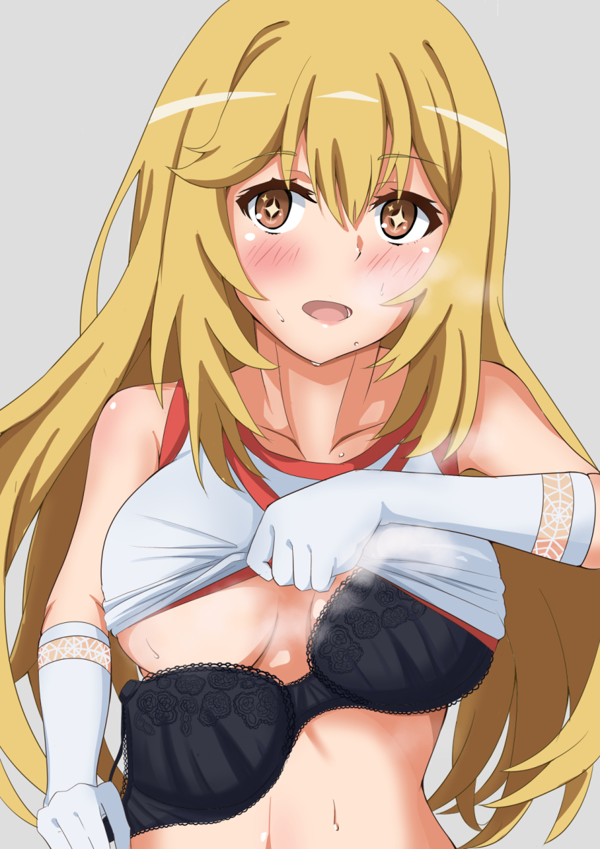 1girl black_bra blonde_hair blush bra breasts brown_eyes clothes_lift elbow_gloves gloves grey_background gym_shirt gym_uniform highres large_breasts lifting_own_clothes long_hair looking_at_viewer open_mouth removing_bra removing_bra_under_shirt shirt shirt_lift shokuhou_misaki sleeveless sleeveless_shirt solo sparkling_eyes spider_web_print sweat tabu_(tabu_01) toaru_kagaku_no_mental_out toaru_kagaku_no_railgun toaru_majutsu_no_index tokiwadai_school_gym_uniform underwear upper_body white_gloves white_shirt