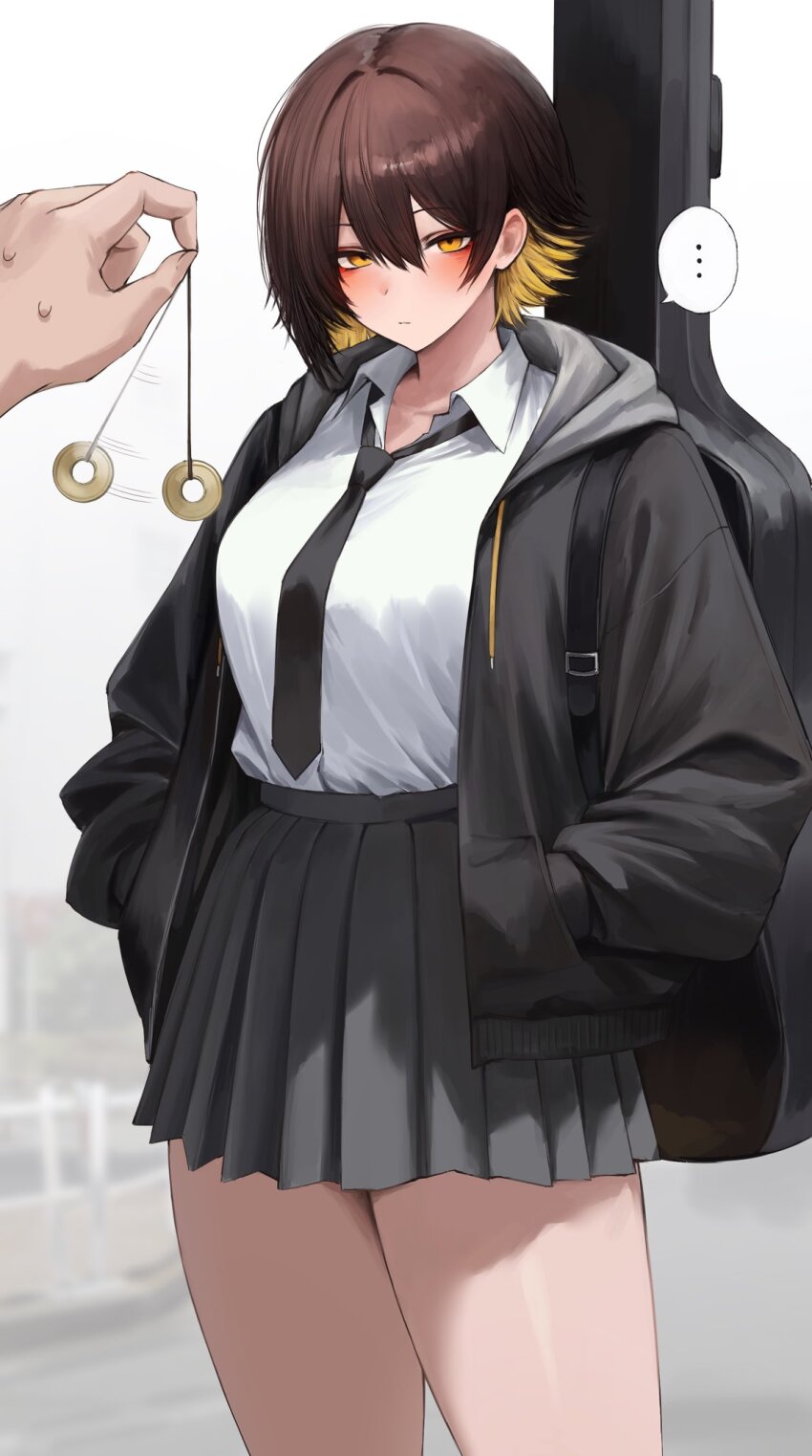 ... 1girl 1other asymmetrical_hair black_jacket black_necktie black_skirt blonde_hair blush breasts brown_hair closed_mouth coin coin_on_string collared_shirt colored_inner_hair colored_tips cowboy_shot deyo_(nicijyou) double-parted_bangs expressionless guitar_case hair_between_eyes hair_intakes hands_in_pockets highres hood hooded_jacket hypnosis inazuma_akane_(deyo) instrument_case instrument_case_on_back instrument_on_back jacket looking_at_viewer medium_breasts mind_control miniskirt multicolored_hair necktie open_clothes open_jacket orange_eyes original pleated_skirt pov pov_hands school_uniform shirt shirt_tucked_in short_hair skirt solo_focus spoken_ellipsis standing sweatdrop two-tone_hair white_shirt wing_collar