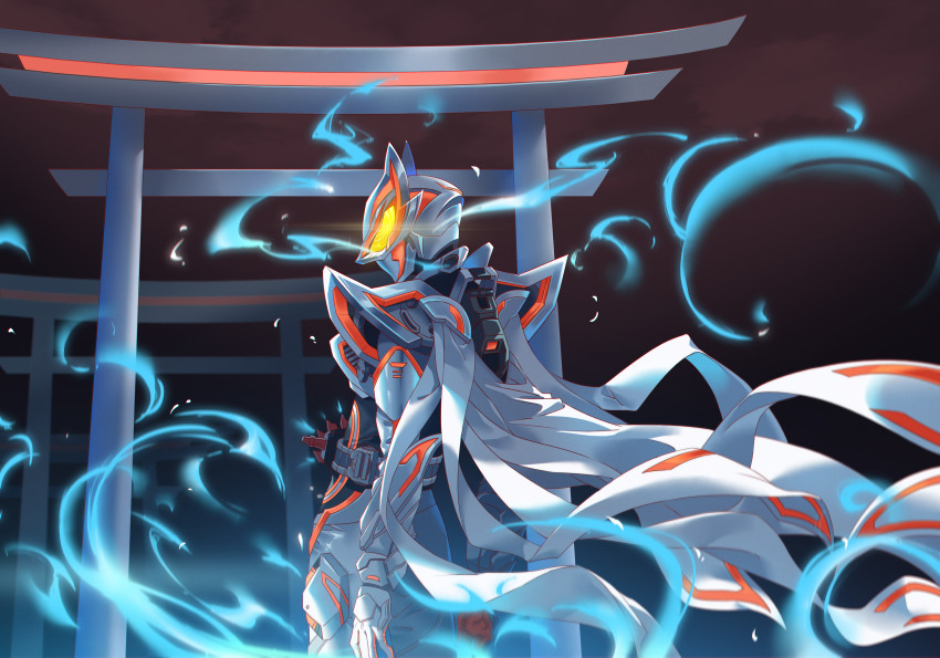 1boy absurdres blue_fire boost_mark_ix_buckle commentary_request fire from_behind glowing glowing_eyes highres innoarukugyou kamen_rider kamen_rider_geats kamen_rider_geats_(series) kamen_rider_geats_ix male_focus multiple_scarves rider_belt tokusatsu torii