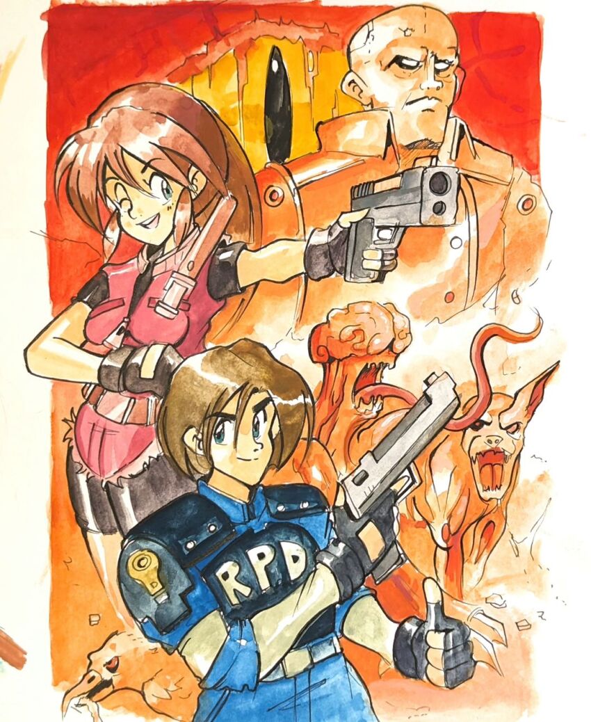 1girl 2boys albertov bald beak belt bird breasts brown_hair claire_redfield dog green_eyes gun highres leon_s._kennedy long_hair long_sleeves medium_breasts mr_x multiple_boys mutant one_eye_closed pants ponytail resident_evil resident_evil_2 short_hair short_sleeves shorts thumbs_up weapon
