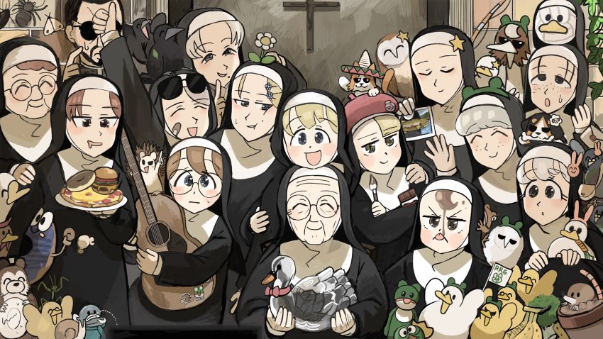 1boy 6+girls ^_^ acoustic_guitar anniversary baby_animal ball bandaid bandaid_on_face barn_owl beak_hold bird blonde_hair blue_eyes bone brown_eyes brown_hair bunny_nun_(diva) burger cat catfish chicken chocolate closed_eyes clumsy_nun_(diva) cross crow diva_(hyxpk) dog donut drooling duck duckling earthworm everyone eyewear_on_head facial_hair father_(diva) fish fishing_rod flower flower_on_head flower_pot food freckles freckles_nun_(diva) frog frog_headband froggy_nun_(diva) fruit glasses glasses_nun_(diva) grey_hair guitar habit hair_ornament hat hawaiian_pizza hedgehog highres hungry_nun_(diva) instrument leaf_nun_(diva) letter little_nuns_(diva) mole mole_on_cheek mother_superior_(diva) mouth_hold multiple_girls nun object_on_head ostrich owl paintbrush pancake_nun_(diva) pigeon pineapple pineapple_on_pizza pineapple_slice pizza plate praying_mantis priest rabbit_hair_ornament rabbit_ornament raccoon round_eyewear sheep_nun_(diva) smug_nun_(diva) sombrero spicy_nun_(diva) star_nun_(diva) star_ornament strict_nun_(diva) sunglasses thumbs_up traditional_nun volleyball_(object) yellow_eyes