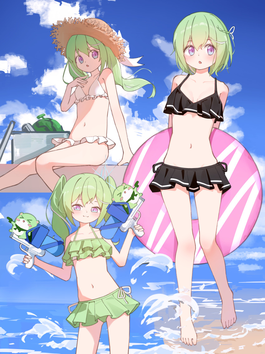 1girl :3 :o absurdres arm_support arms_behind_back beach bikini bikini_skirt black_bikini blue_sky blush breasts chico_(yuzuha_riko) closed_mouth collarbone commentary_request day electromocha floating_hair frilled_bikini frills green_bikini green_hair hair_between_eyes hand_up hat highres holding holding_water_gun innertube korean_commentary long_bangs long_hair medium_breasts medium_hair multiple_views navel outdoors parted_lips purple_eyes ruffle_bikini short_hair sitting sky standing stellive stomach straw_hat swim_ring swimsuit twintails virtual_youtuber water_gun white_bikini yuzuha_riko