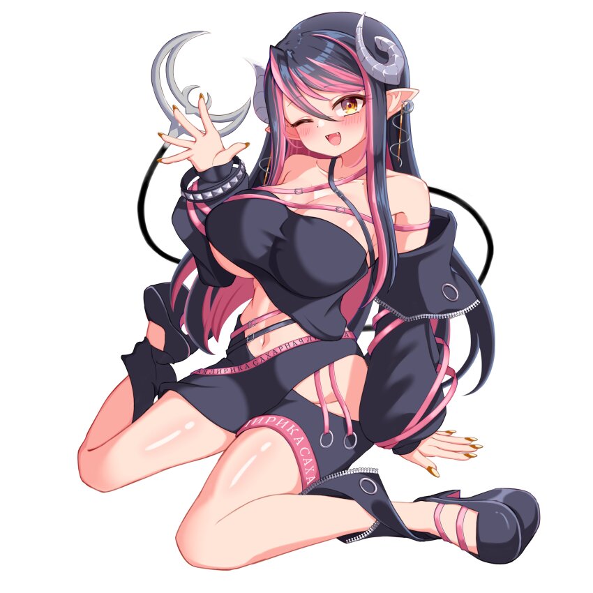 1girl :d absurdres bandeau belt black_bandeau black_belt black_hair black_jacket black_shoes black_skirt blush breasts chest_belt cleavage collarbone commentary_request curled_horns demon_girl demon_horns demon_tail fangs fingernails full_body grey_horns hair_between_eyes hebiyoi_tier hebiyoi_tier_(1st_costume) highres hip_vent horns jacket large_breasts long_hair long_sleeves midriff multicolored_hair nanashi_inc. navel off_shoulder one_eye_closed open_clothes open_jacket open_mouth pink_belt pink_hair pointy_ears shoes sidelocks simple_background skirt smile solo tail two-tone_hair variant_set very_long_hair virtual_youtuber white_background yellow_eyes yomusu
