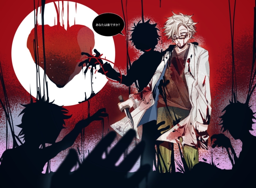 5boys blood blood_from_mouth blood_on_clothes blood_on_face blue_eyes brown_shirt chinese_commentary commentary_request glasses green_pants grey_hair holding holding_knife kanou_aogu knife lab_coat lemijiang long_sleeves male_focus multiple_boys nosebleed open_clothes pants rectangular_eyewear saibou_shinkyoku shirt short_hair silhouette speech_bubble torn_clothes translation_request