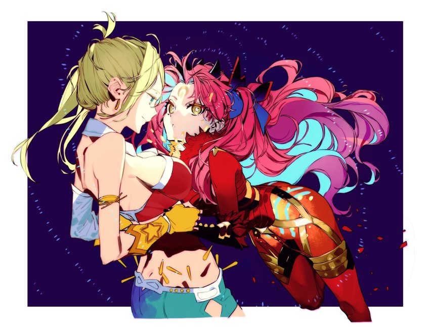 2girls bikini black_ribbon blonde_hair blue_hair blue_shorts bodysuit breasts brown_gloves calamity_jane_(fate) calamity_jane_(first_ascension)_(fate) cleavage detached_collar detached_sleeves earrings facial_mark fate/grand_order fate_(series) fingerless_gloves forehead_mark gloves green_eyes green_shorts hair_ribbon highres holding_hands hoop_earrings horns ishtar_(fate) jewelry light_blue_hair long_hair looking_at_another looking_at_viewer medium_breasts morii_shizuki multicolored_hair multiple_girls own_hands_together pink_hair red_bikini red_bodysuit revealing_clothes ribbon ringed_eyes shorts side_ponytail single_detached_sleeve small_breasts smile space_ishtar_(fate) space_ishtar_(third_ascension)_(fate) star-shaped_pupils star_(symbol) swimsuit symbol-shaped_pupils tohsaka_rin two-tone_hair two_side_up very_long_hair yellow_eyes