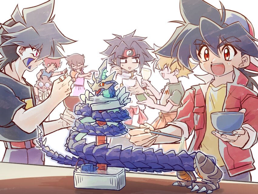 1girl 6+boys bakuten_shoot_beyblade beyblade black_hair black_jacket blonde_hair blue_eyes blue_hair blue_shirt bowl brown_eyes chinese_clothes close-up clothes_around_waist collar covered_eyes eyewear_on_head facial_tattoo green_collar green_shirt hair_over_eyes headband highres hiwatari_kai holding holding_bowl jacket jacket_around_waist kinomiya_takao kon_rei kyouju_(beyblade) male_focus medium_hair mizuhara_max multiple_boys nagashi_soumen one_eye_closed purple_eyes red_eyes red_hair red_headband red_jacket scar scar_on_face scar_on_forehead shirt short_hair sleeves_rolled_up spiked_hair sumeragi_daichi tachibana_hiromi tattoo tkoknmy0321 upper_body v white_shirt