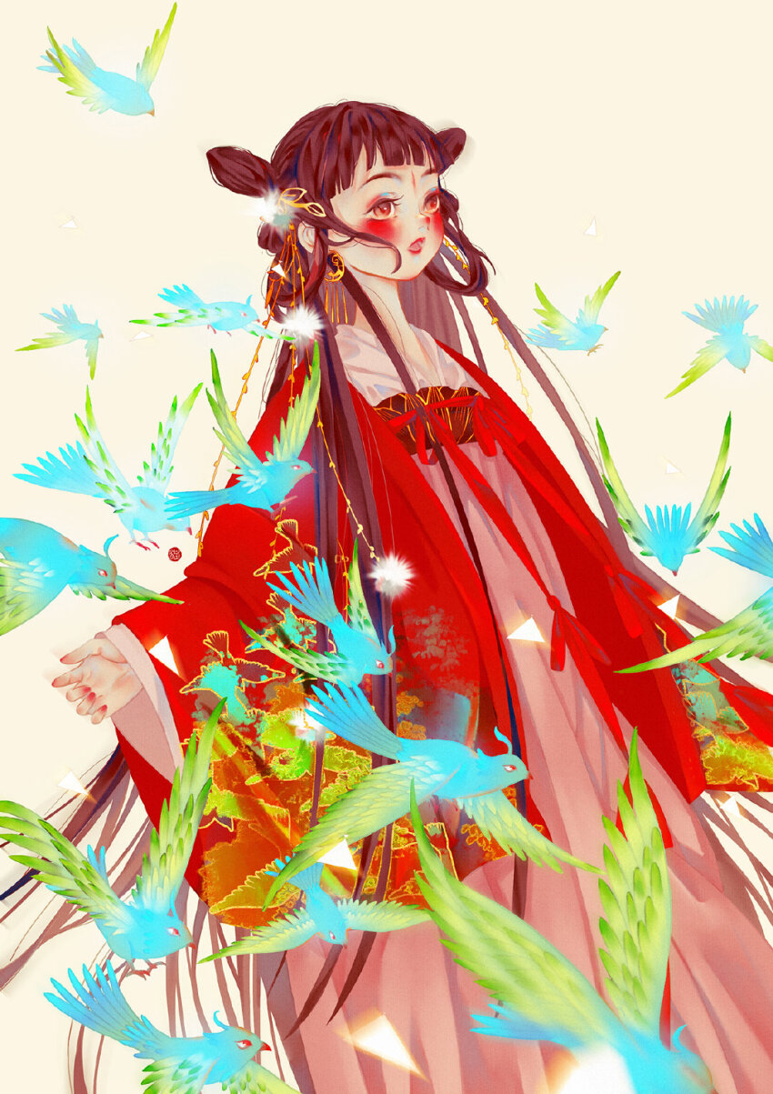 1girl absurdly_long_hair bird blue_bird blunt_bangs blush brown_eyes brown_hair chinese_clothes chinese_commentary commentary_request double_bun earrings eyelashes facial_mark feet_out_of_frame flock forehead_mark hair_bun hair_ribbon hanfu highres jewelry layered_sleeves lipstick long_hair long_sleeves looking_ahead makeup multicolored_eyeshadow nail_polish open_mouth original pink_hanfu pom_pom_(clothes) qixiong_ruqun red_lips red_nails red_robe ribbon robe sleeves_past_wrists solo standing straight_hair thick_eyebrows triangle very_long_hair wide_sleeves xuzhibai yellow_background
