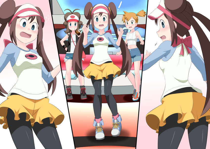 3girls baseball_cap blue_eyes blue_shorts breasts brown_hair crop_top double_bun full_body gen_1_pokemon hair_between_eyes hair_bun hat highres hilda_(pokemon) kakkii long_hair midriff misty_(pokemon) multiple_girls navel nintendo pantyhose pokemon pokemon_bw pokemon_bw2 pokemon_lgpe pokemon_masters_ex raglan_sleeves ribbon rosa_(pokemon) short_hair short_shorts shorts sleeveless solo stomach takaya_n twintails visor_cap