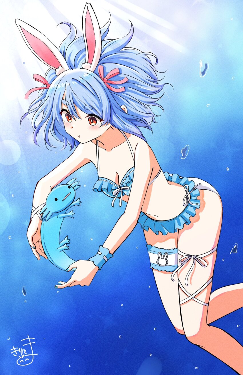 1girl air_bubble animal_ear_fluff animal_ears axolotl bare_shoulders bikini blue_bikini blue_hair breasts bubble cleavage commentary_request day floating_hair frilled_bikini frills hair_ribbon highres hololive kiritoma minecraft pink_ribbon rabbit_ears ribbon ribbon-trimmed_bikini ribbon_trim signature small_breasts solo swimsuit underwater usada_pekora usada_pekora_(summer) virtual_youtuber water